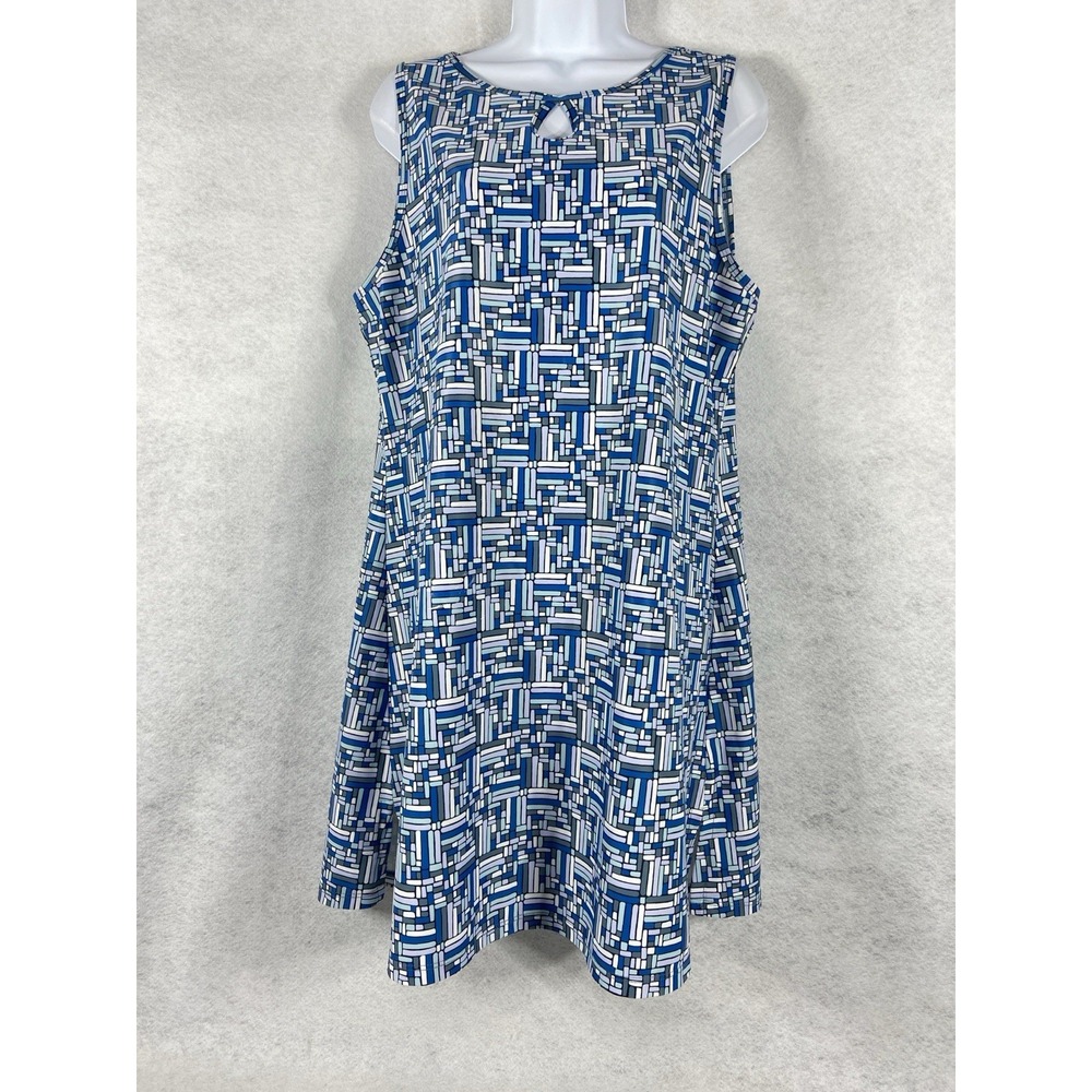 Nuu Muu Dress Women's XL Blue White Keyhole Pocket Geometric NWOT
